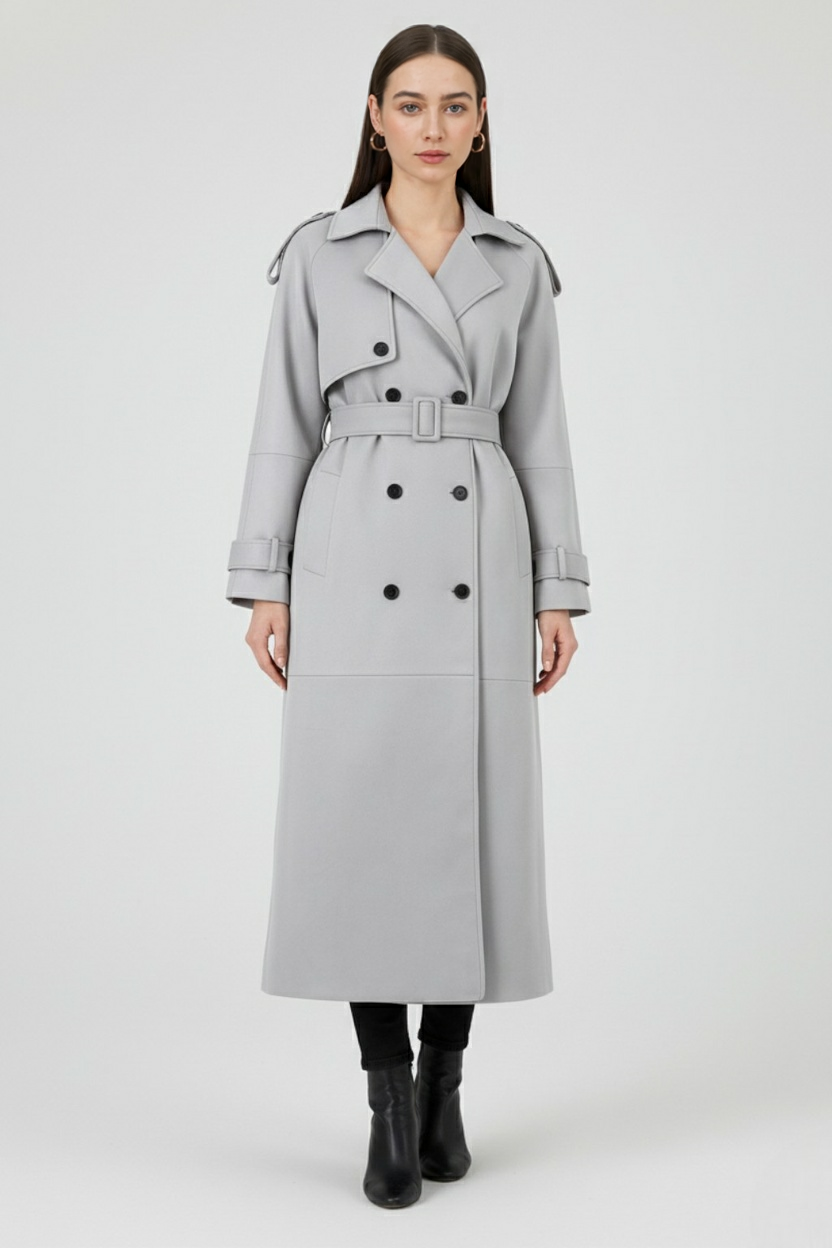 Coat : Women's Long Gray Coat with Belt in van Vanda Liamo