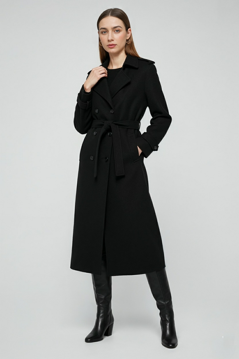 Coat : Women's Black Long Belted Trench Coat - Classic Fit, Warm Wool Blend in van Vanda Liamo