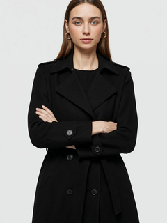 Women's Black Long Belted Trench Coat - Classic Fit, Warm Wool Blend