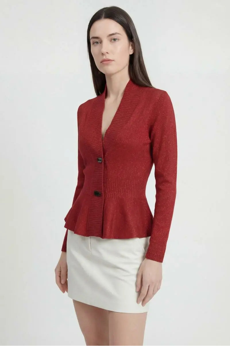 Cardigan : Women's Slim-Fit Burgundy V-Neck Knit Cardigan Sweater in van Vanda Liamo