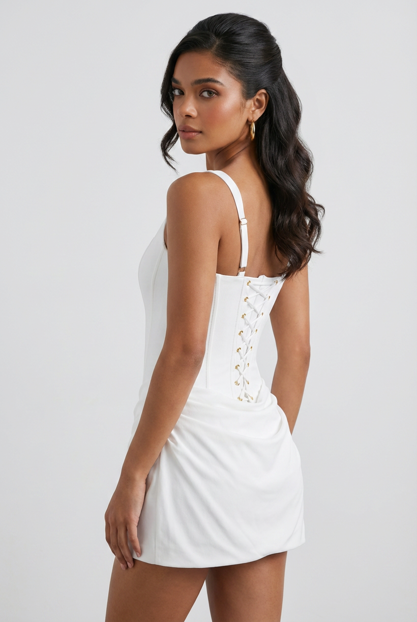 Dress : White Draped Mini Dress - Bright Ivory Look for Summer Soirees in van Vanda Liamo