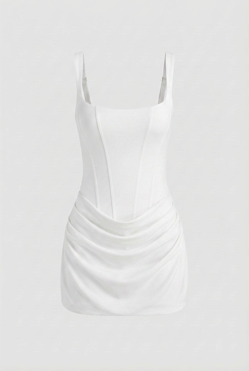 Dress : White Draped Mini Dress - Bright Ivory Look for Summer Soirees in White van Vanda Liamo