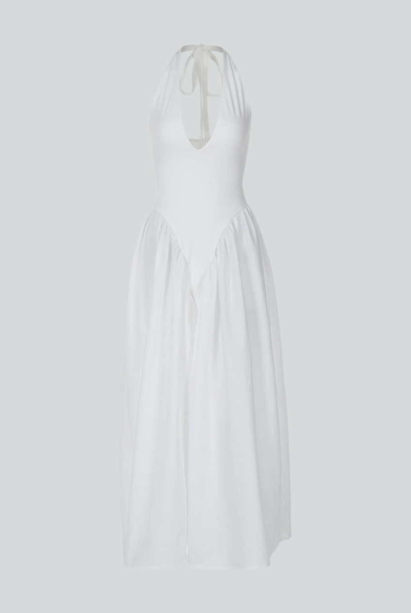 Women's Dresses : White Elegant Midi Dress – Chic Feminine Style for Parties & Summer Events in White van Vanda Liamo