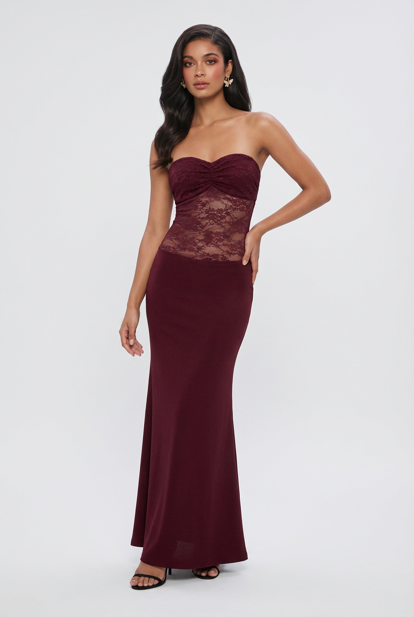 Mermaid Dress : Women's Wine Red Lace Mermaid Strapless Formal Evening Prom Gown Dress in van Vanda Liamo