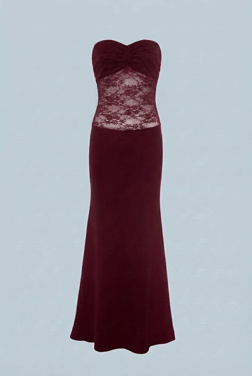 Mermaid Dress : Women's Wine Red Lace Mermaid Strapless Formal Evening Prom Gown Dress in van Vanda Liamo