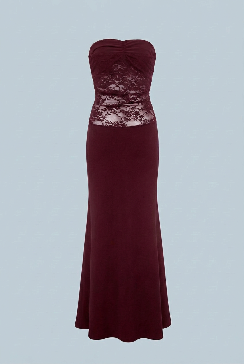 Mermaid Dress : Women's Wine Red Lace Mermaid Strapless Formal Evening Prom Gown Dress in Wine Red van Vanda Liamo
