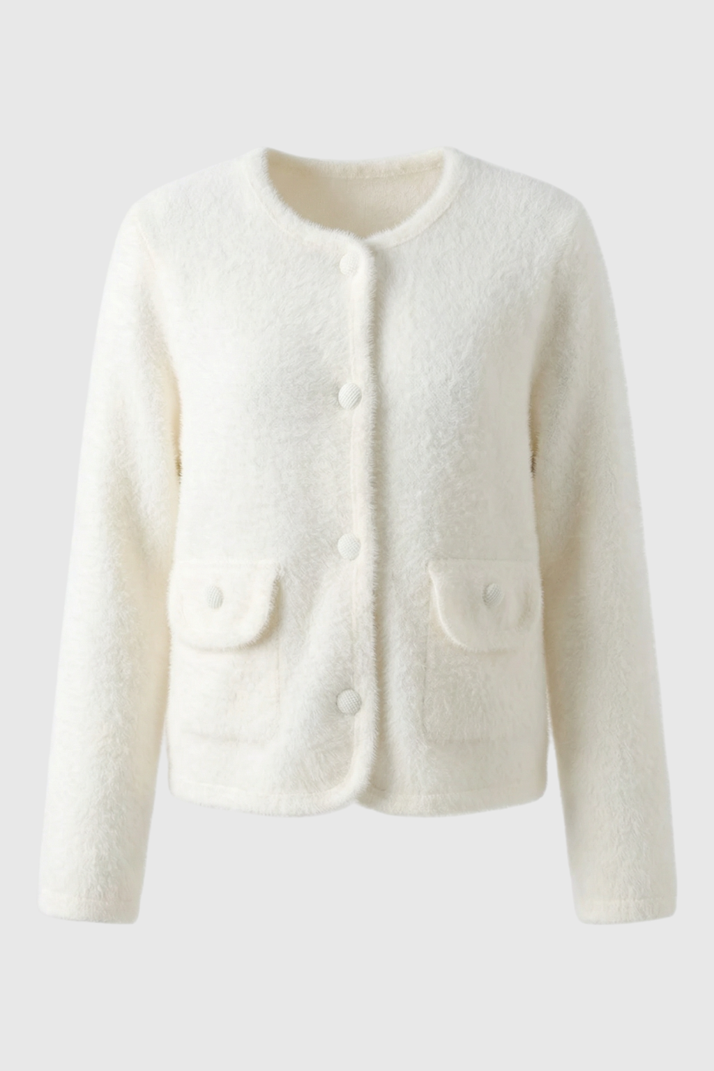 Cardigan : Women's White Knitted Round Neck Cardigan, Long Sleeves in White One Size van Vanda Liamo