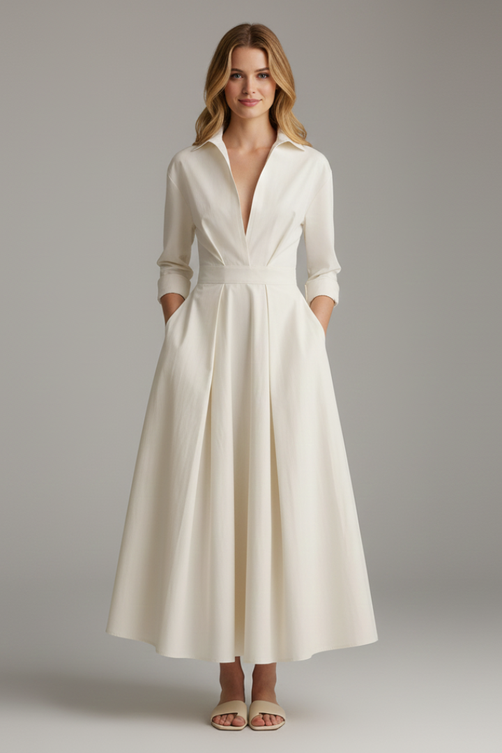 Dress : Women's Midi Dress with Defined Waist in Beige van Vandaliamo