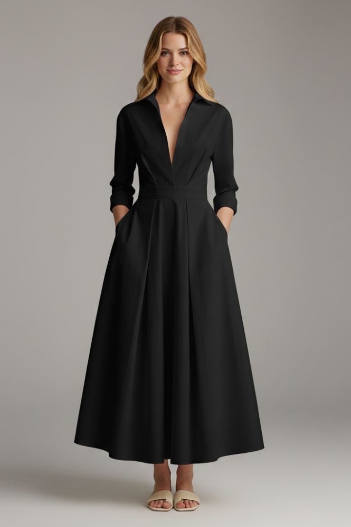 Dress : Women's Midi Dress with Defined Waist in Black van Vandaliamo