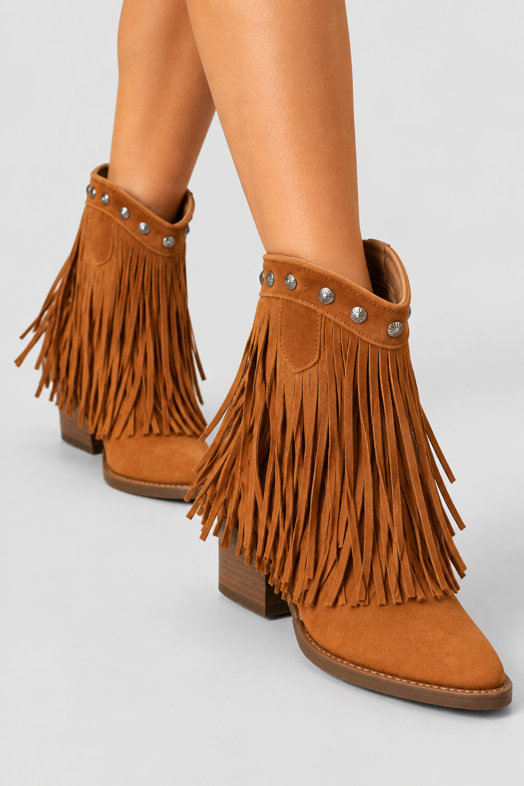 women's ankle boots : Women’s Cognac Fringed Western Ankle Boots - Tan Pointed Toe Cowboy Booties in van Vandaliamo