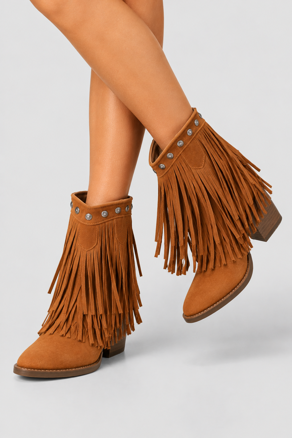 women's ankle boots : Women’s Cognac Fringed Western Ankle Boots - Tan Pointed Toe Cowboy Booties in van Vandaliamo