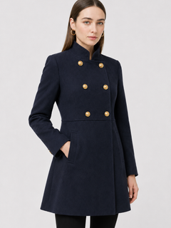 Women's Navy Blue Double-Breasted Wool Blend Winter Coat
