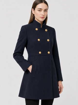 Women's Navy Blue Double-Breasted Wool Blend Winter Coat