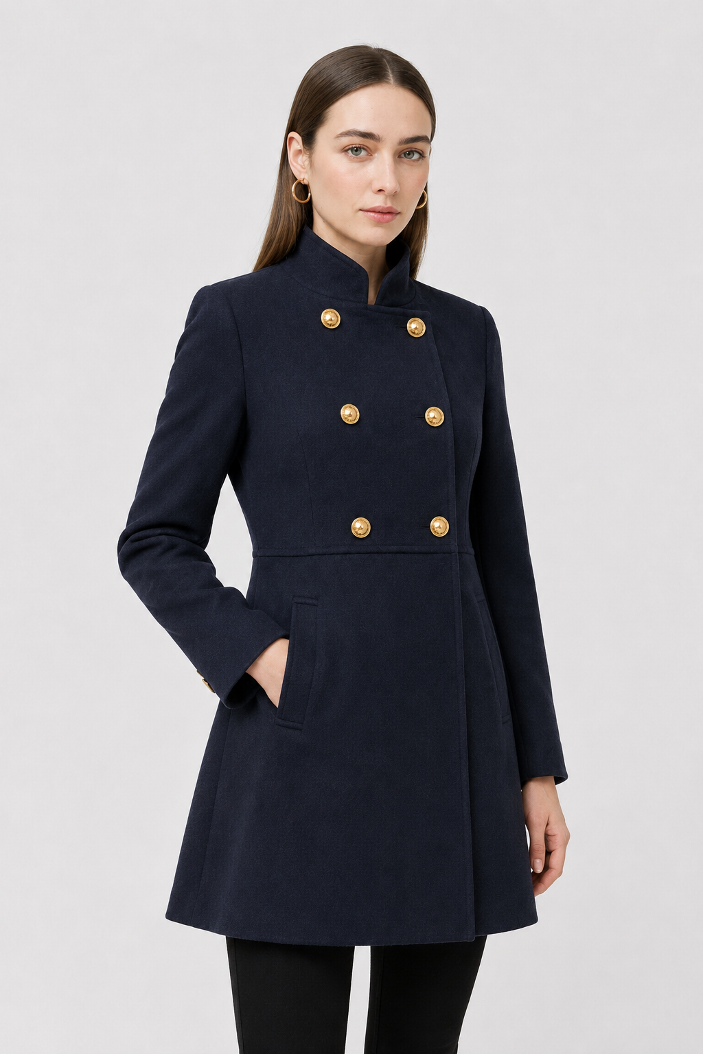Coat : Women's Navy Blue Double-Breasted Wool Blend Winter Coat in van Vanda Liamo