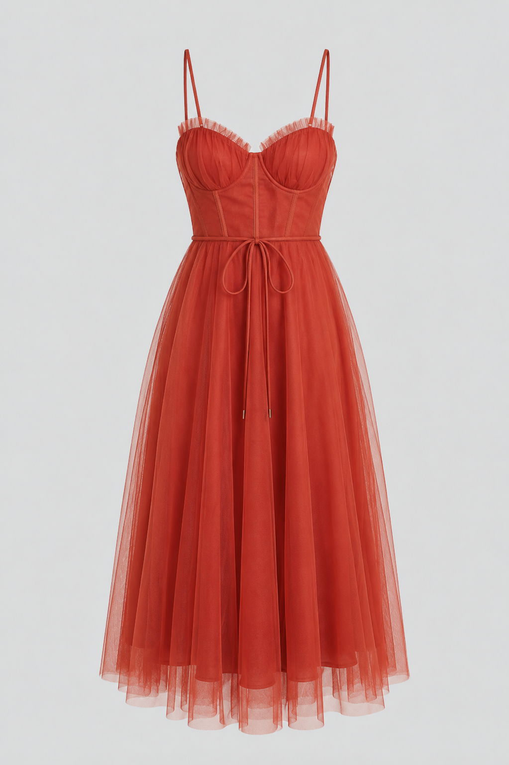 Dresses : Women's Rust Chiffon Midi Dress with Corset Bodice & Ruffle Trim - Premium Quality, Fast Shipping in Rust van Vanda Liamo