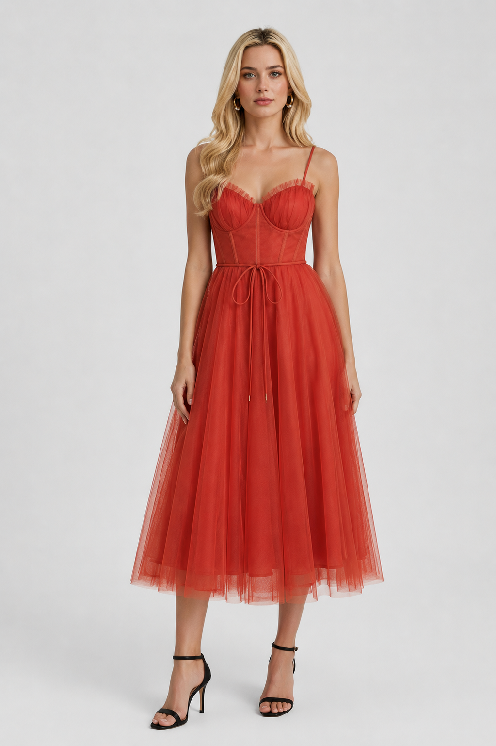 Dresses : Women's Rust Chiffon Midi Dress with Corset Bodice & Ruffle Trim - Premium Quality, Fast Shipping in van Vanda Liamo