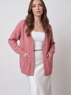 Women's Pink V-Neck Knit Cardigan Sweater - Soft & Lightweight