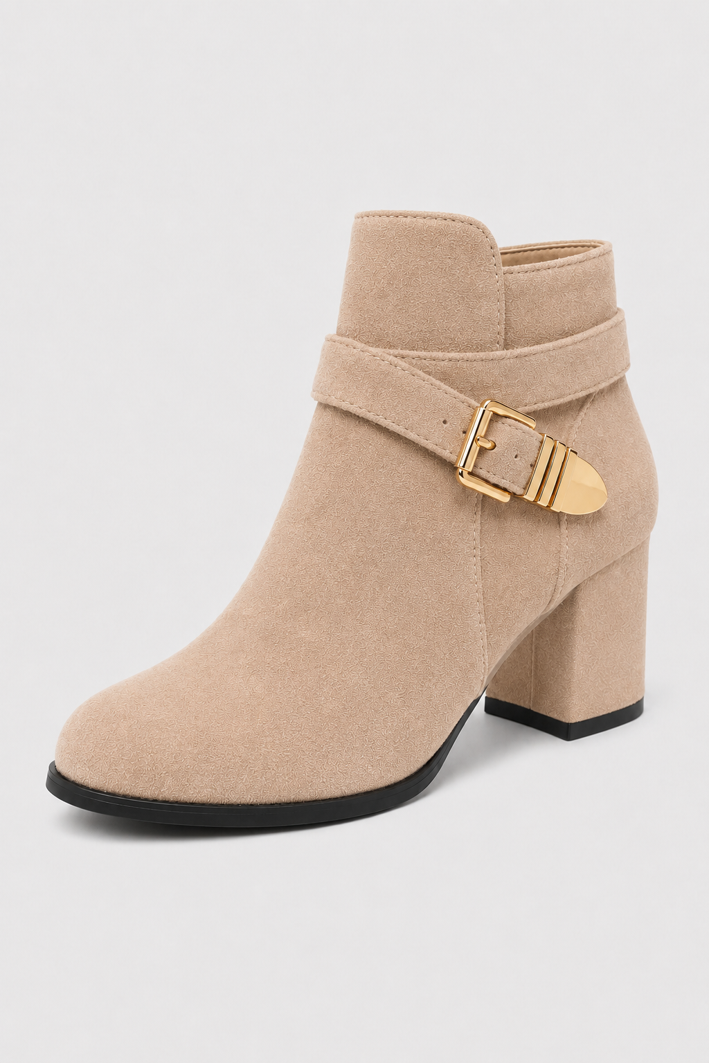 Women’s Beige Buckle Block Heel Ankle Boots