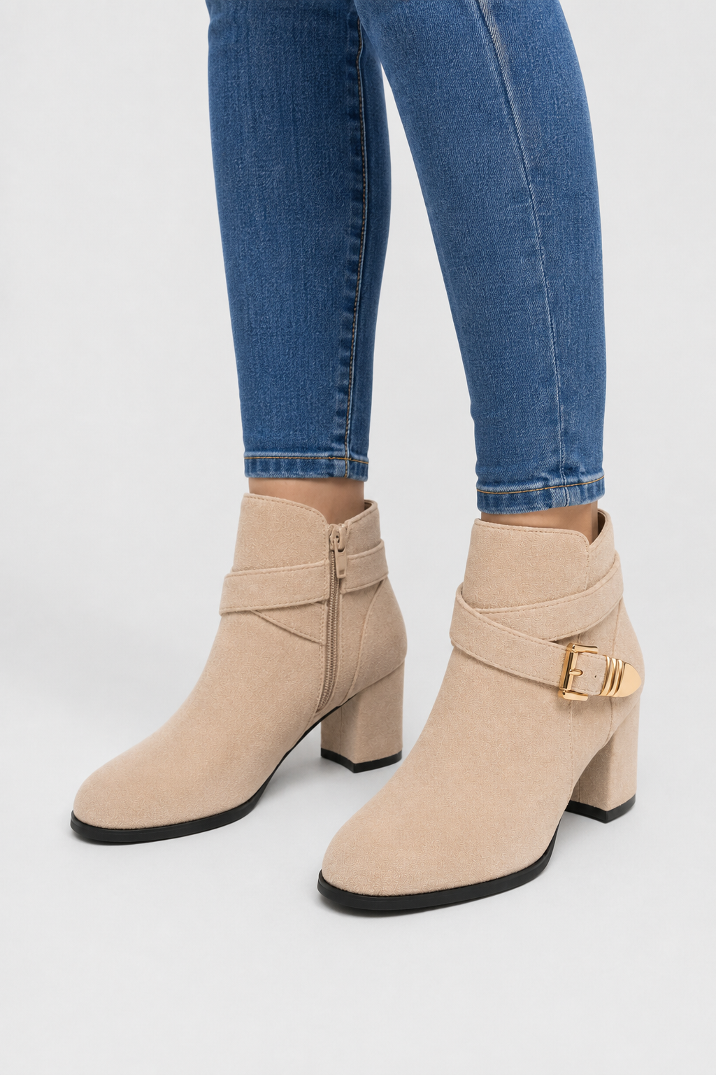 Women’s Beige Buckle Block Heel Ankle Boots