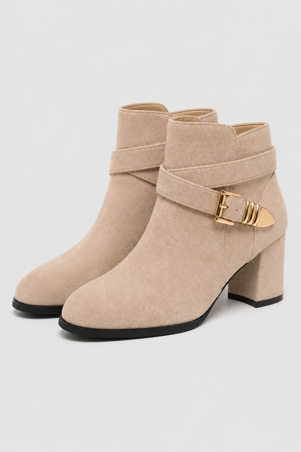 Women’s Beige Buckle Block Heel Ankle Boots