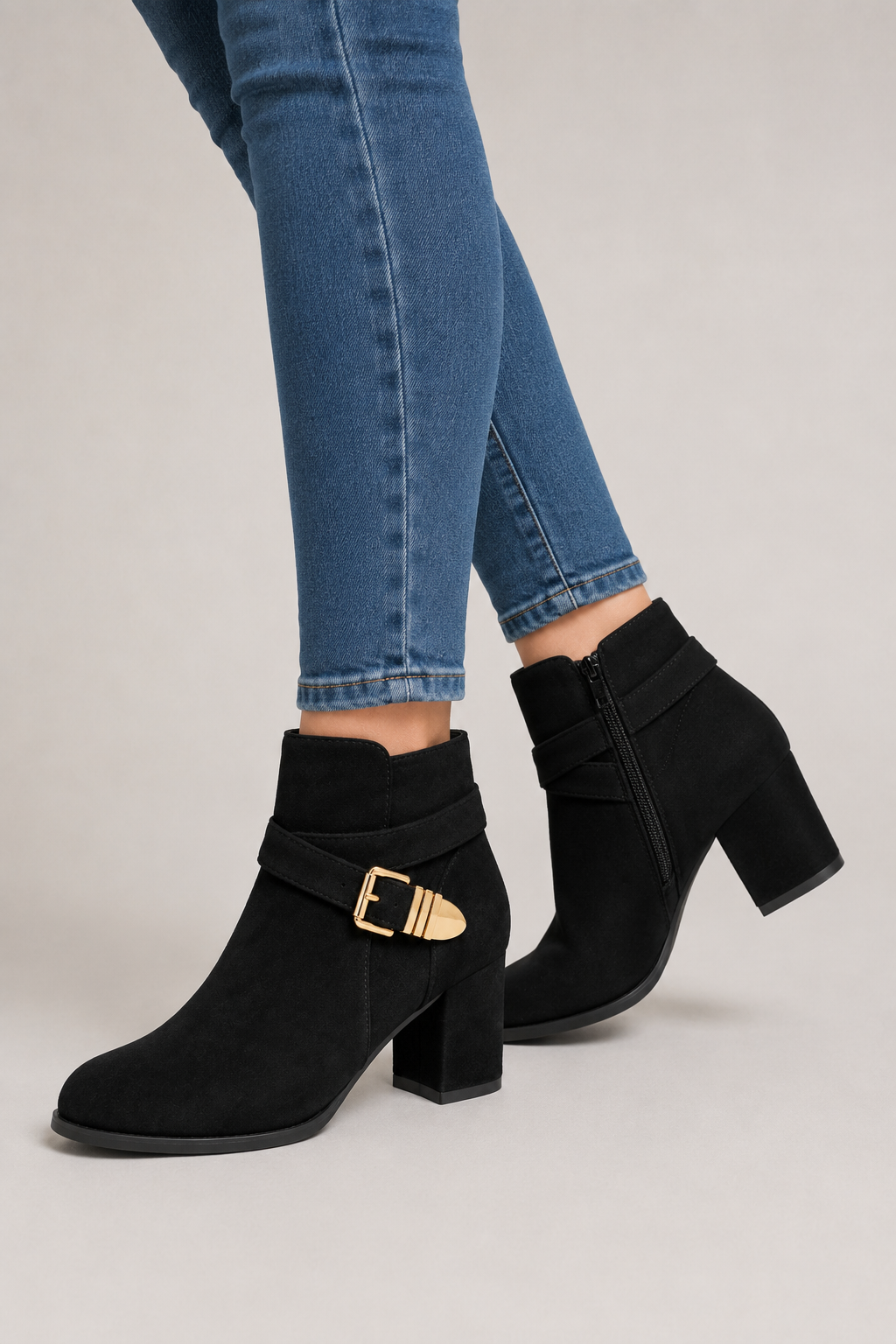 Women’s Black Buckle Block Heel Ankle Boots