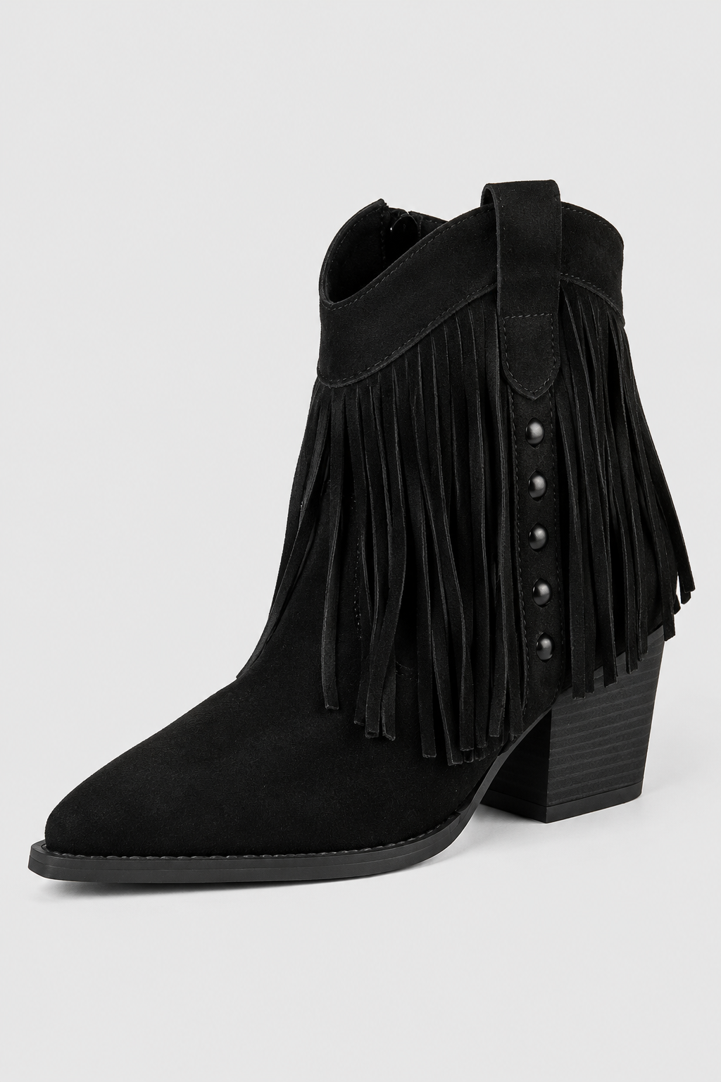 Women’s Black Fringed Western Ankle Boots – Sleek Pointed Toe Cowboy Booties