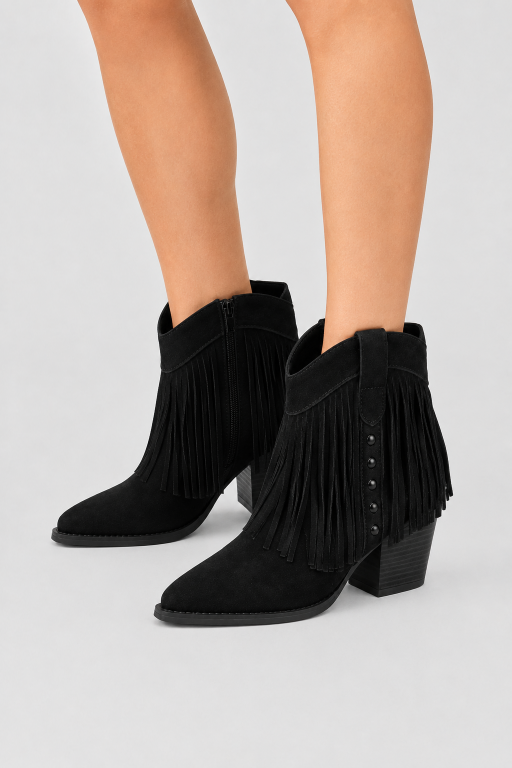 Women’s Black Fringed Western Ankle Boots – Sleek Pointed Toe Cowboy Booties