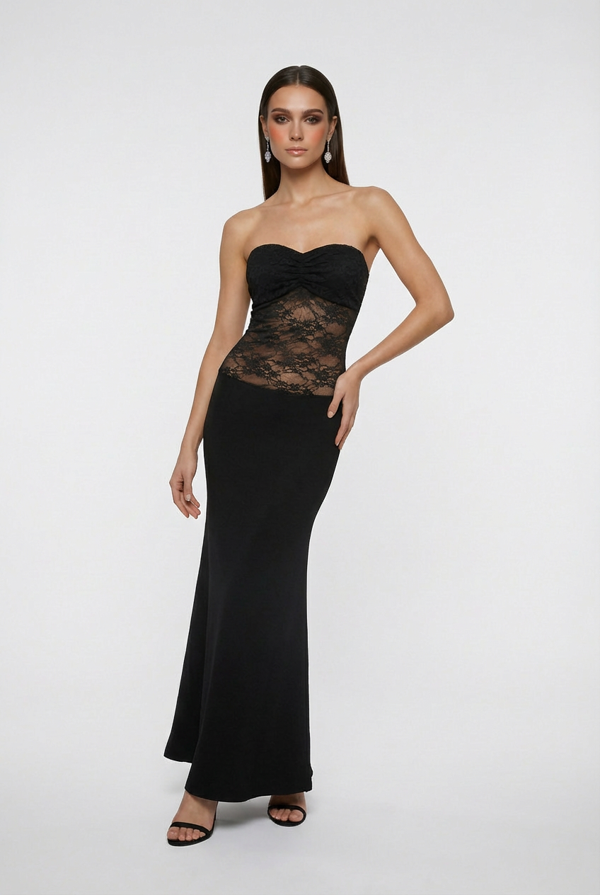 Evening Dress : Women's Black Strapless Dress – Sophisticated Sheer Lace Evening Dress in van Vanda Liamo
