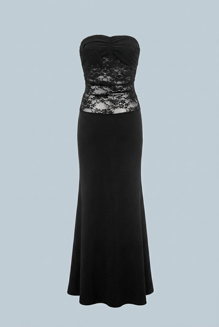 Evening Dress : Women's Black Strapless Dress – Sophisticated Sheer Lace Evening Dress in van Vanda Liamo