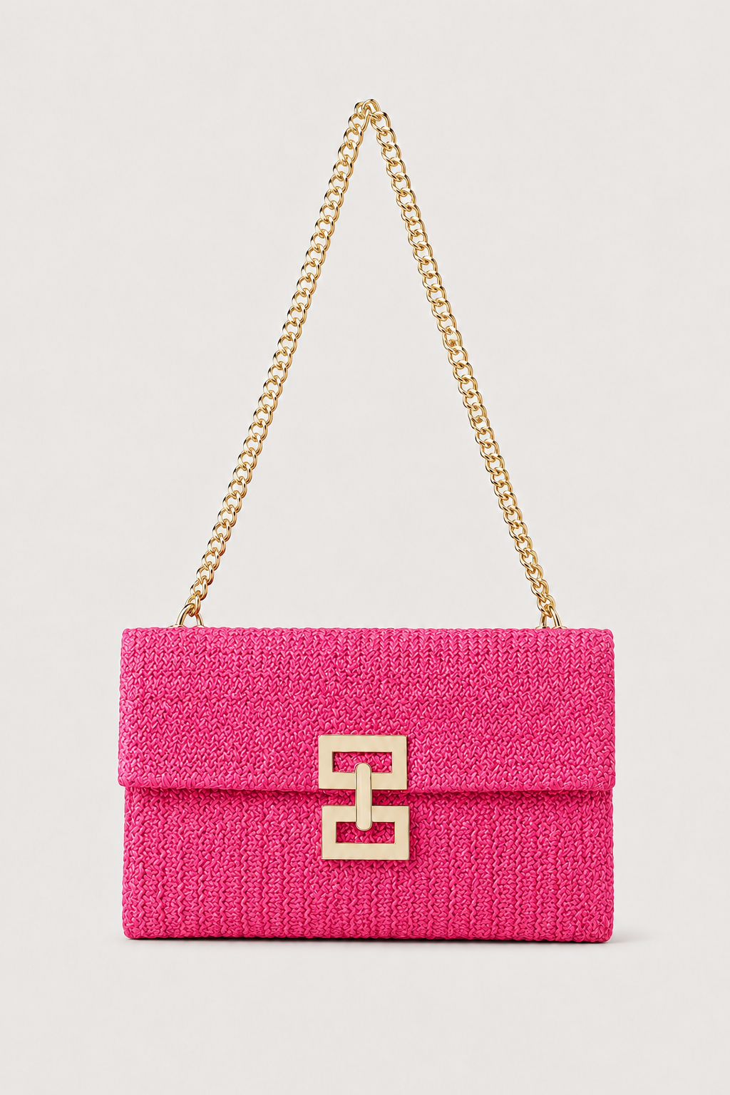 Schoudertas : Women's Woven Shoulder Bag with Gold Chain Strap in Pink van Vandaliamo