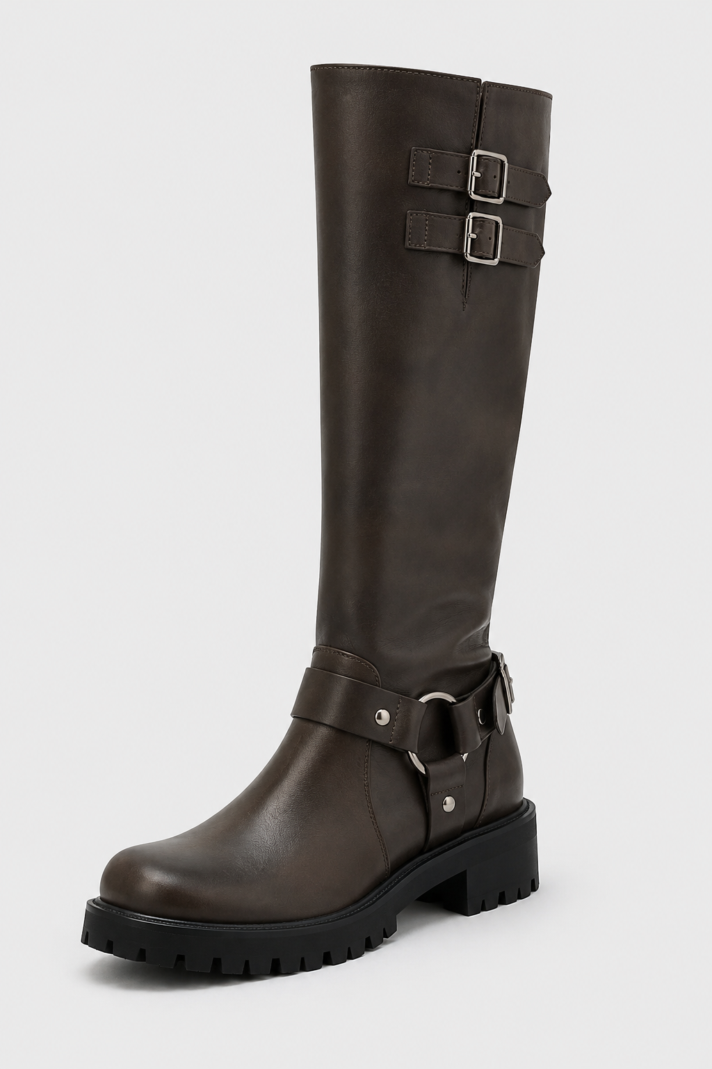 Women’s Brown Harness Lug Sole Knee-High Boots