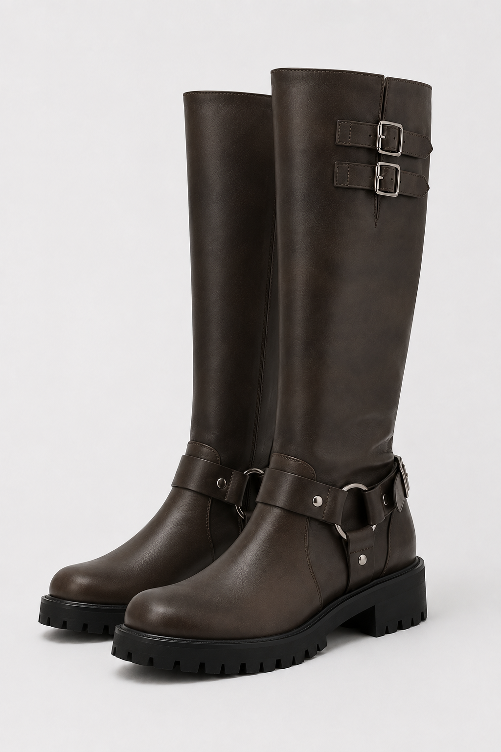 Women’s Brown Harness Lug Sole Knee-High Boots