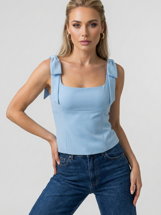 Women's Slim Fit Blue Cami Top with Bow Detail - Sleeveless & Lightweight