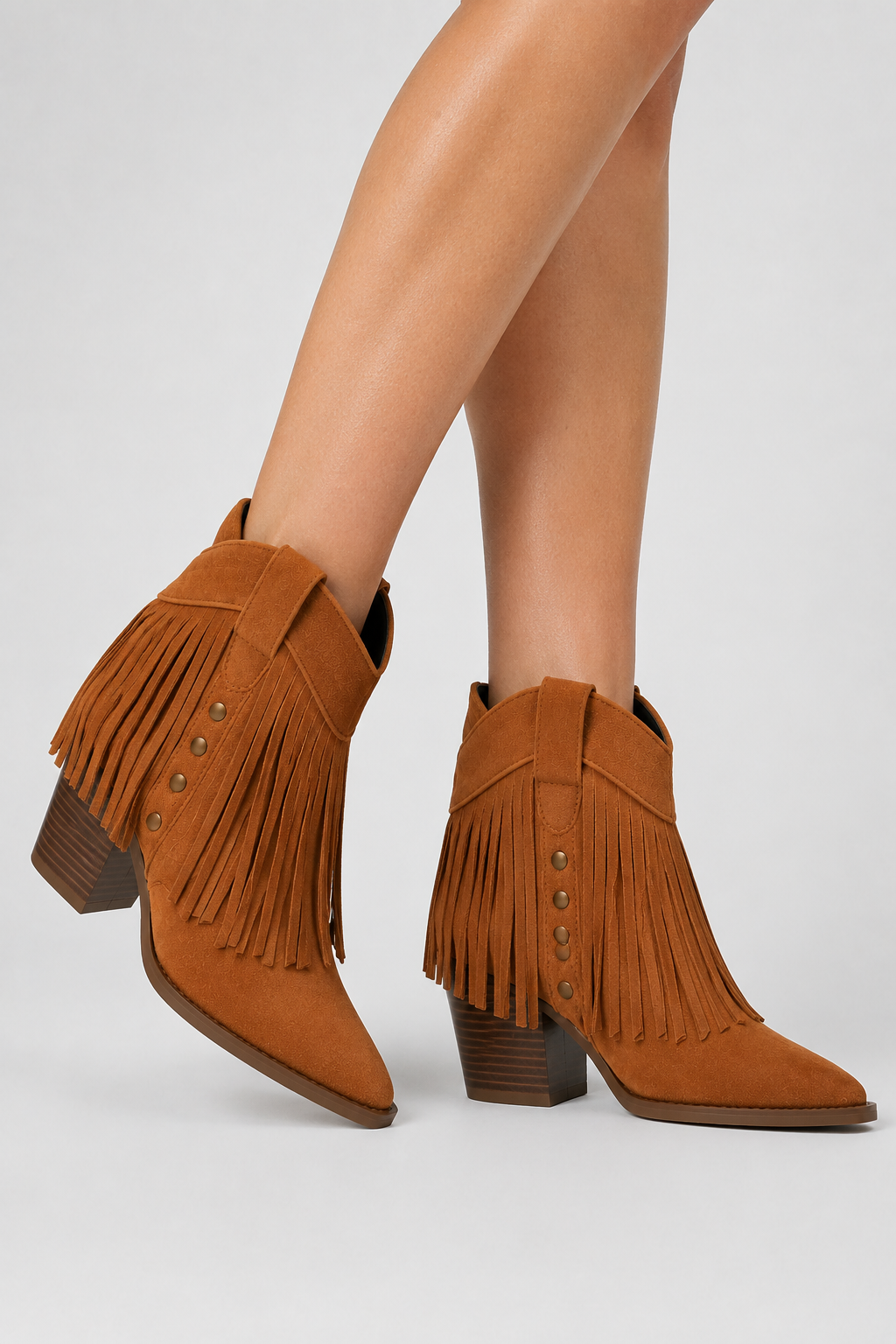 Women’s Cognac Fringed Western Ankle Boots – Tan Pointed Toe Cowboy Booties