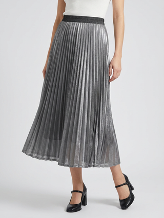 Women's Gray High-Waisted A-Line Pleated Midi Skirt - Flowy & Comfortable