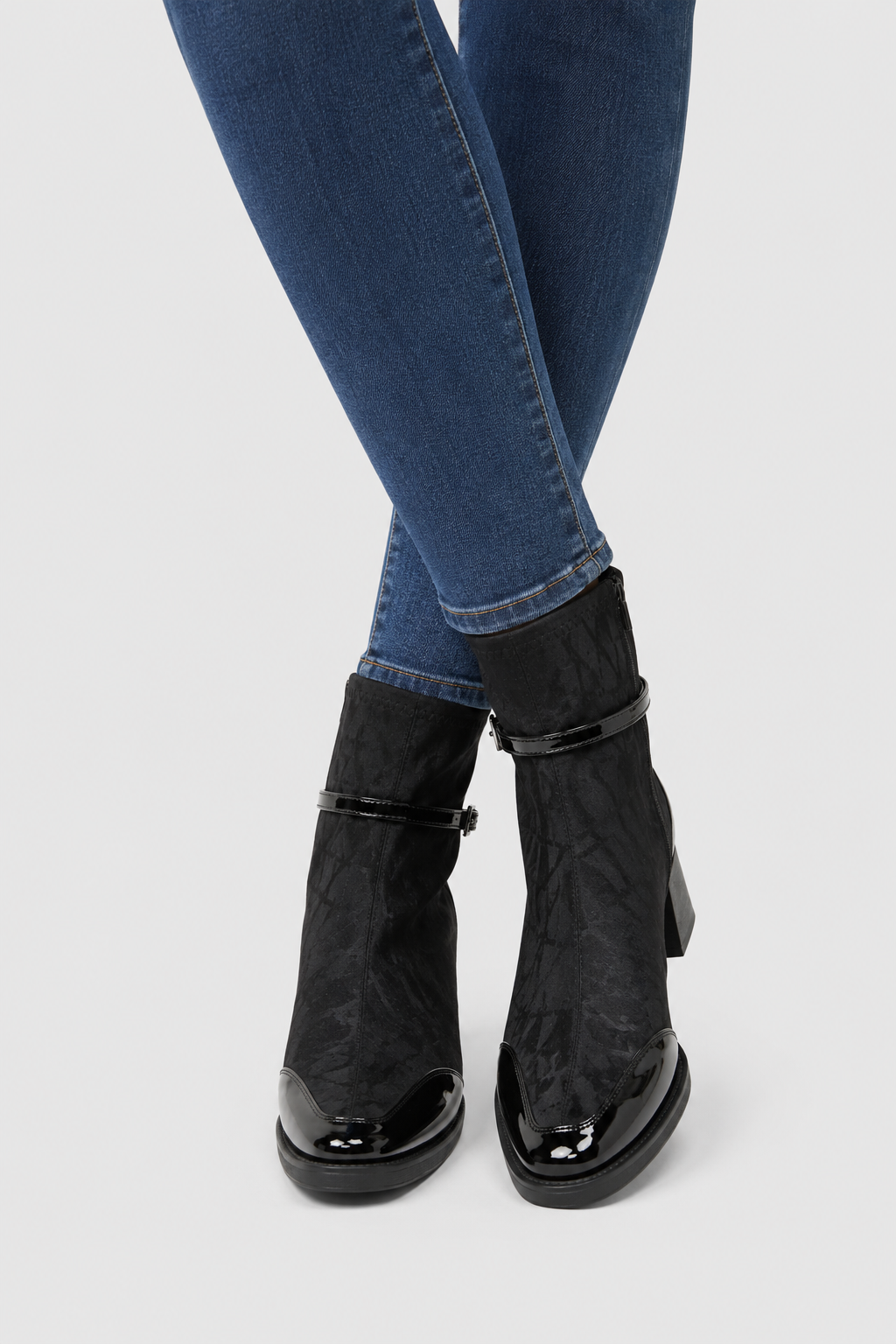 Women’s Patent Toe Buckle Sock Ankle Boots – Mid Block Heel Dress Booties
