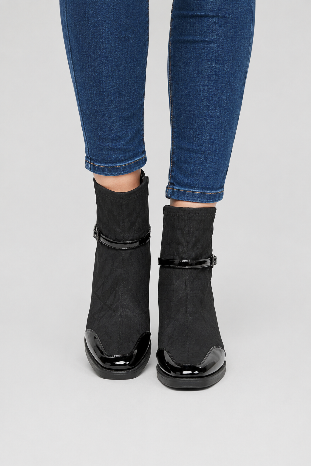 Women’s Patent Toe Buckle Sock Ankle Boots – Mid Block Heel Dress Booties
