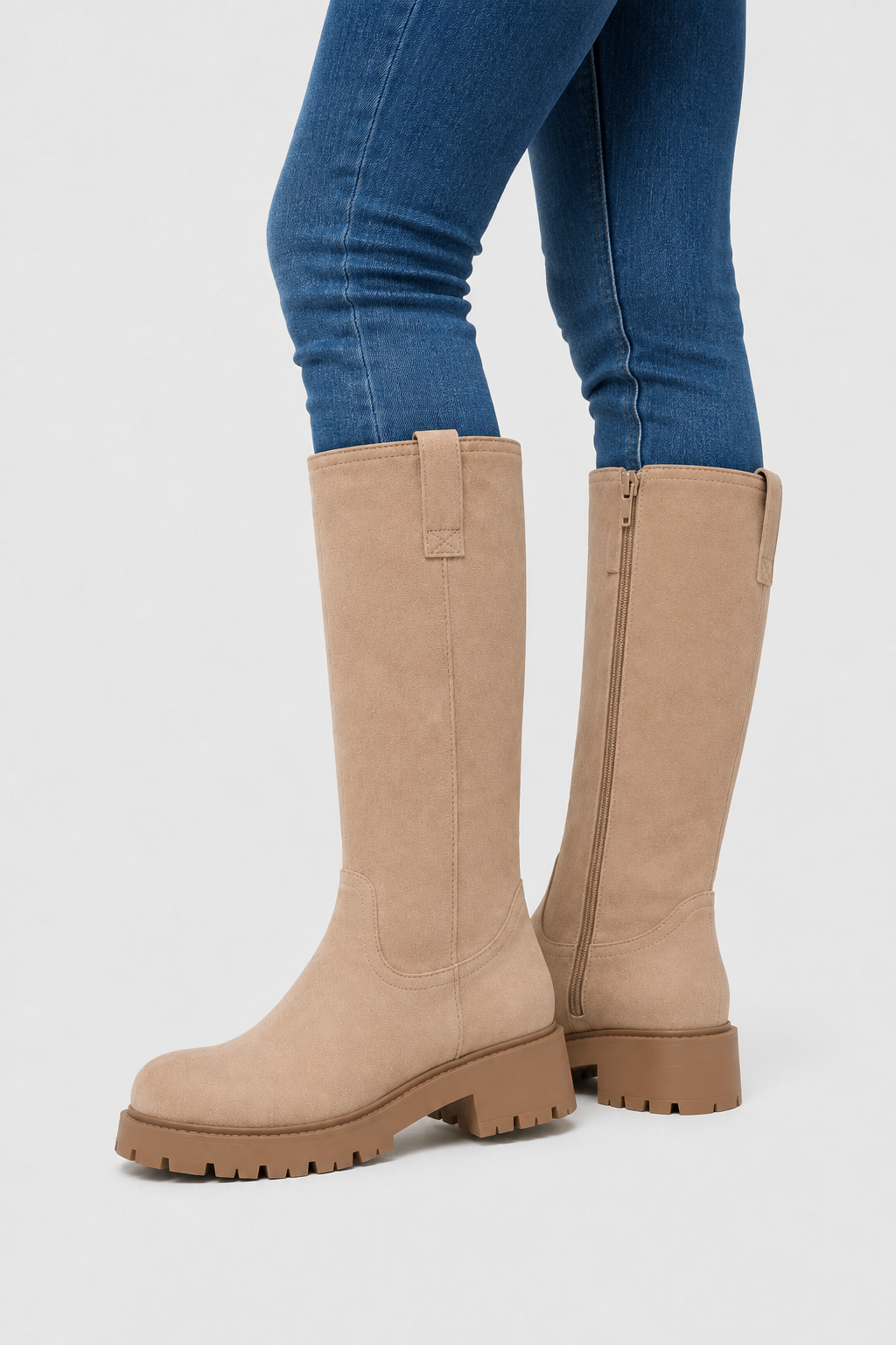 Women’s Sand Tall Lug Sole Riding Boots – Beige Pull-On Knee-High Boots