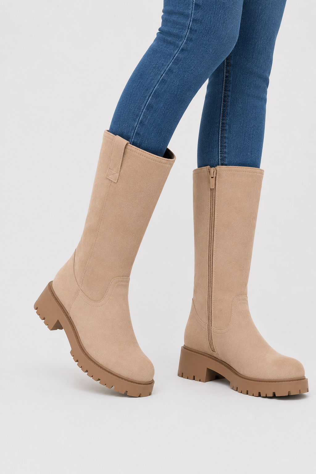 Women’s Sand Tall Lug Sole Riding Boots – Beige Pull-On Knee-High Boots
