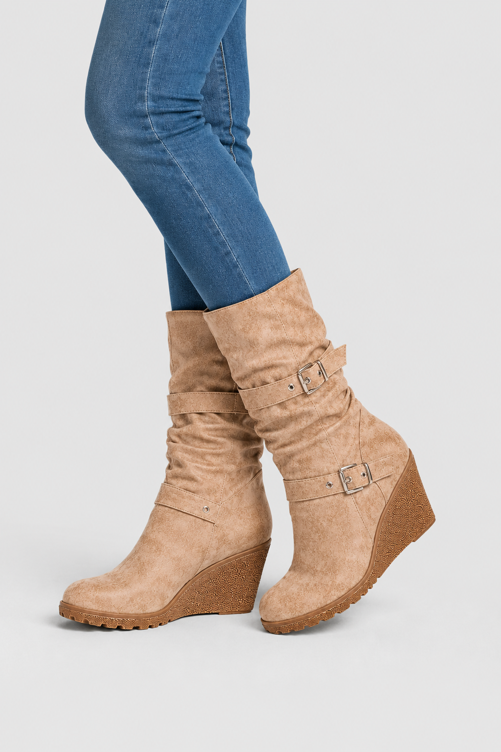 Women’s Slouchy Mid-Calf Wedge Boots – Dual Buckle Ruched Boots