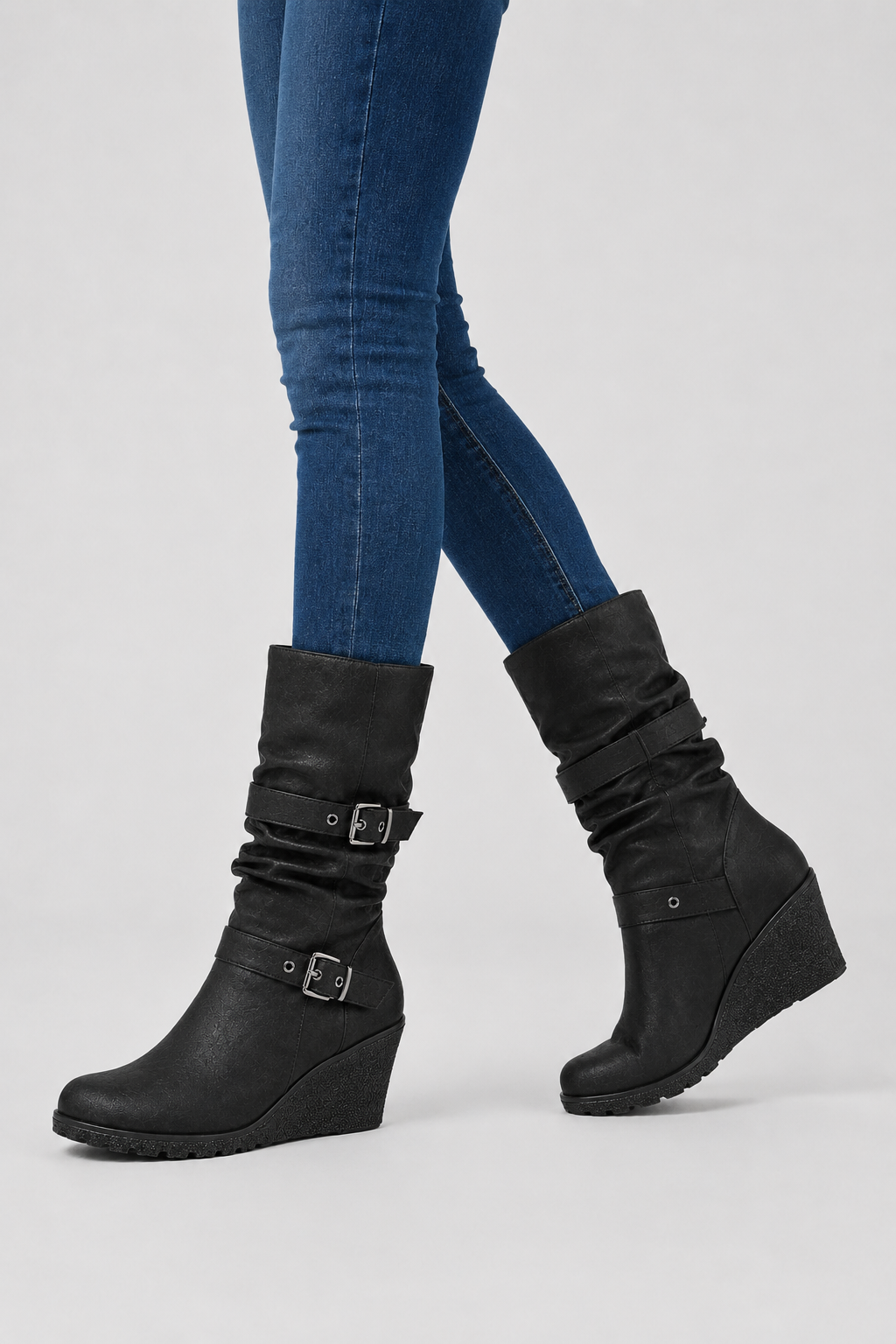 Women's Black Wedge Boots – Dual Buckle Mid-Calf Style