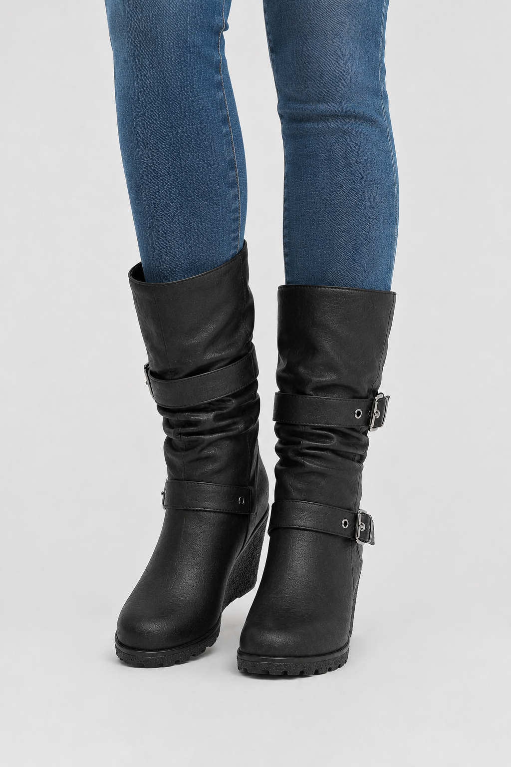 Women's Black Wedge Boots – Dual Buckle Mid-Calf Style