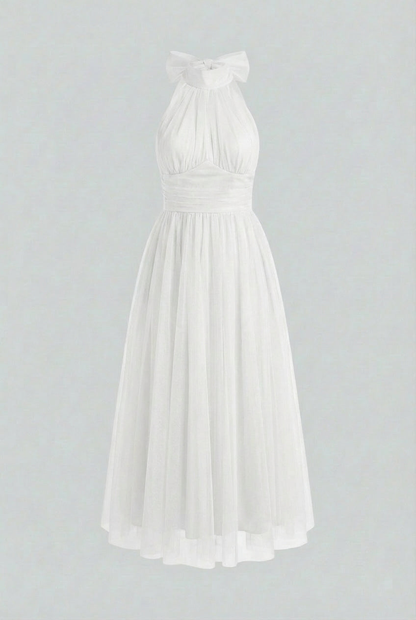 Dresses : Women's White Halter Neck Midi Dress - Elegant Summer A-Line Style in White van Vanda Liamo