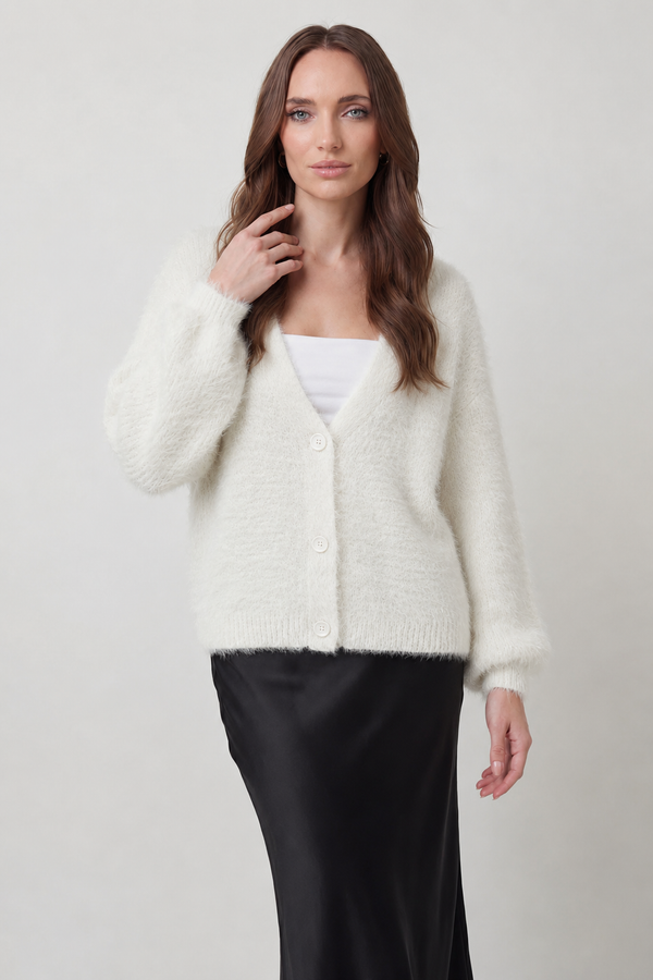 Dames witte gebreide cardigan trui - lange mouwen, open voorkant