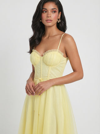 Women's Yellow Formal Midi Dress with Sleeves - Elegant & Chic for Special Occasions