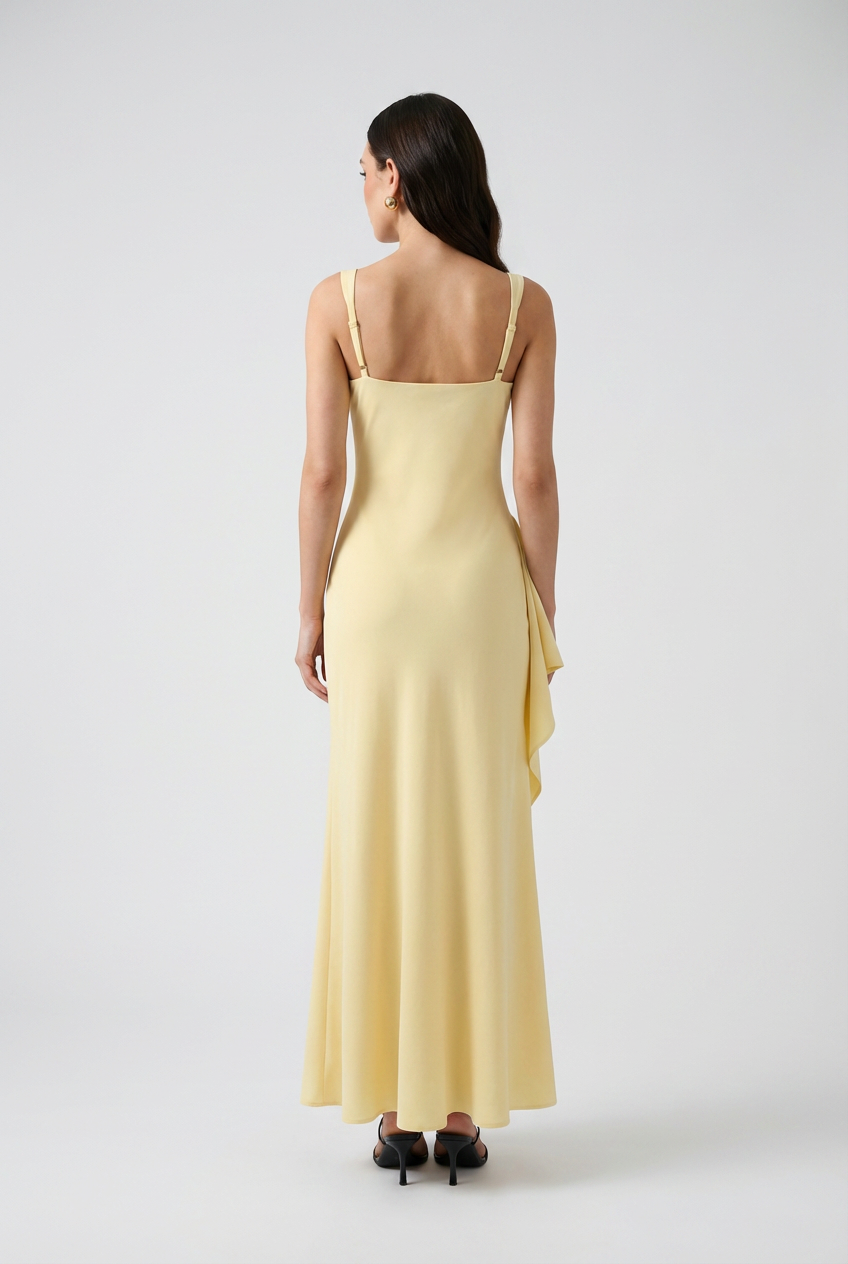 Dress : Women's Yellow Square Neck Slit Maxi Dress - Elegant Formal Evening Gown in van Vanda Liamo
