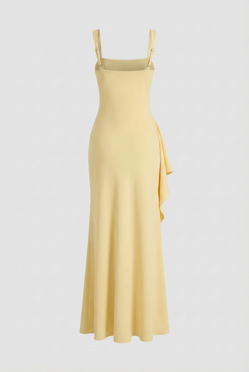 Dress : Women's Yellow Square Neck Slit Maxi Dress - Elegant Formal Evening Gown in van Vanda Liamo