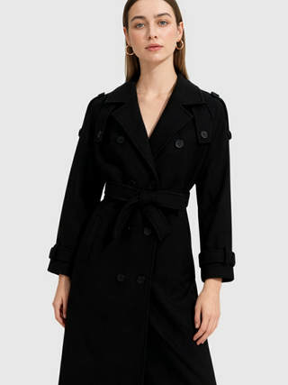 Women's Black Double-Breasted Long Trench Coat with Belt