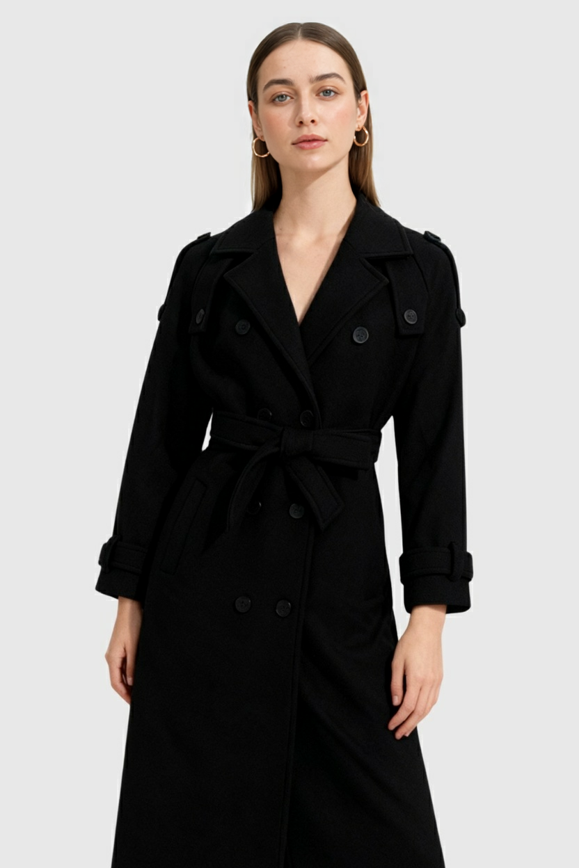 Coat : Women's Black Double-Breasted Long Trench Coat with Belt in van Vanda Liamo