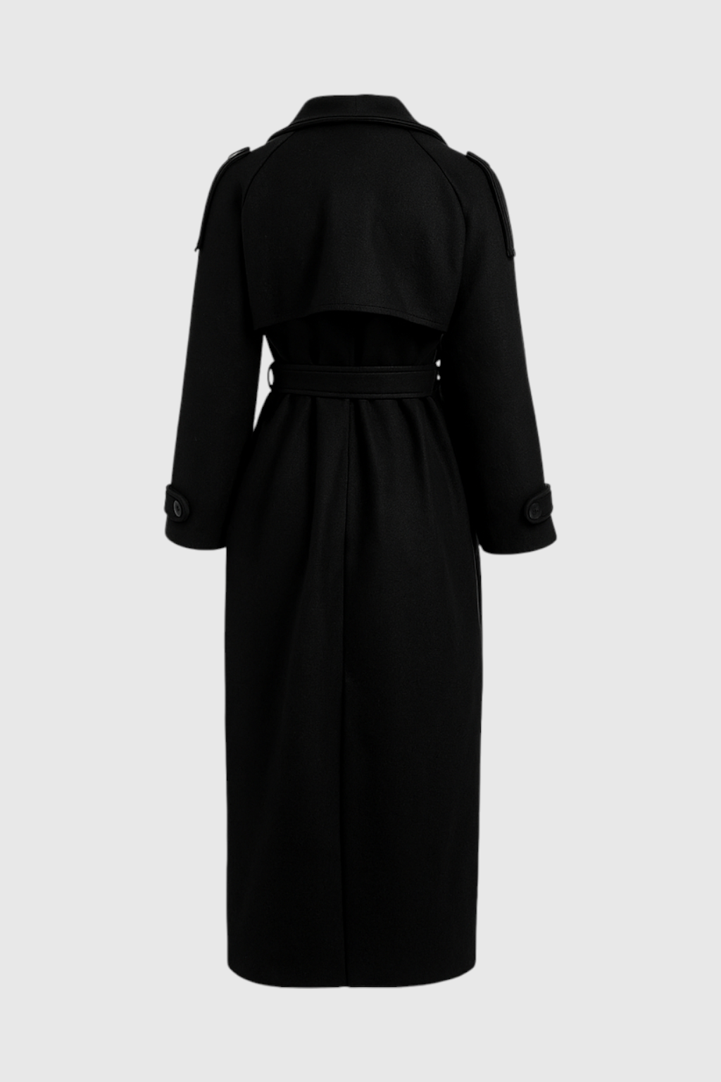 Coat : Women's Black Double-Breasted Long Trench Coat with Belt in van Vanda Liamo